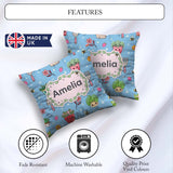 Custom Name Kawaii Garden Tools Plants Bees Seamless Blue Floral Square Filled Cushion Throw Pillow Sofa Bed Home Decor Zip Washable UK Made