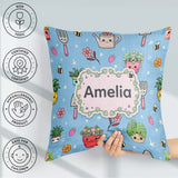 Custom Name Kawaii Garden Tools Plants Bees Seamless Blue Floral Square Filled Cushion Throw Pillow Sofa Bed Home Decor Zip Washable UK Made