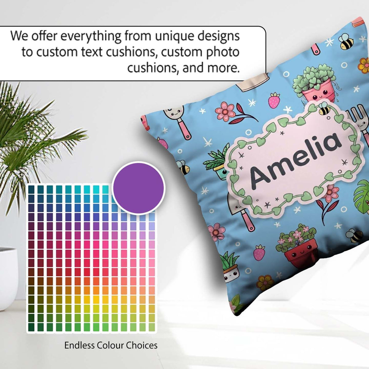 Custom Name Kawaii Garden Tools Plants Bees Seamless Blue Floral Square Filled Cushion Throw Pillow Sofa Bed Home Decor Zip Washable UK Made
