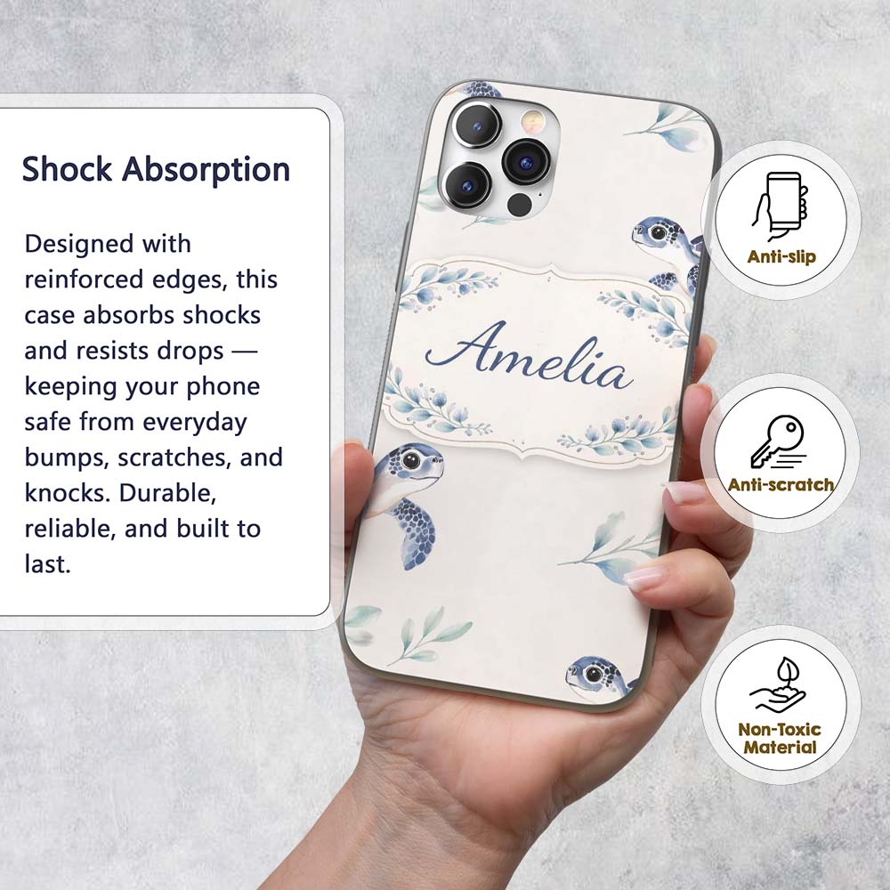 Watercolor Sea Turtle Ocean Minimal Leaf Seamless Custom Name Protective Phone Case Mobile Cover Durable Everyday Smartphone Shock Resistant