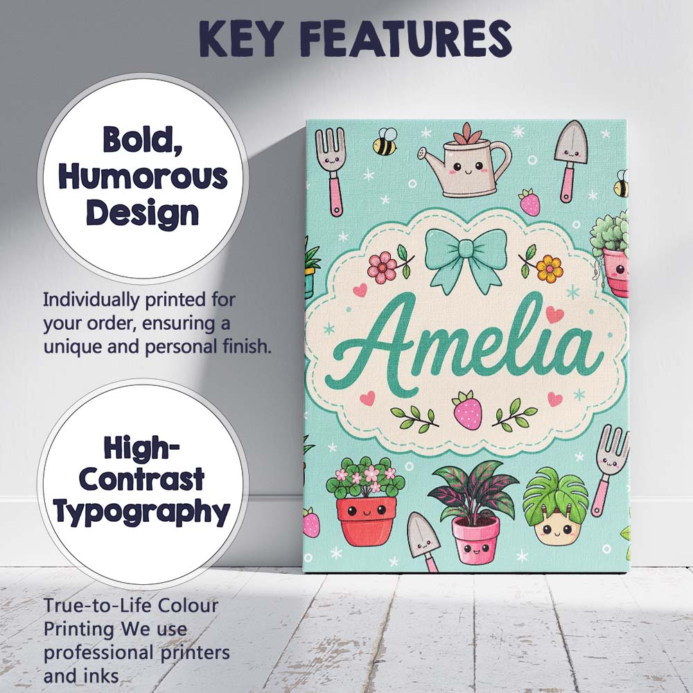 Personalised Name Cute Kawaii Garden Tools Custom  Unique Gift Idea Elegant Feature Canvas Wall Art Print Decor Picture Ready to Hang