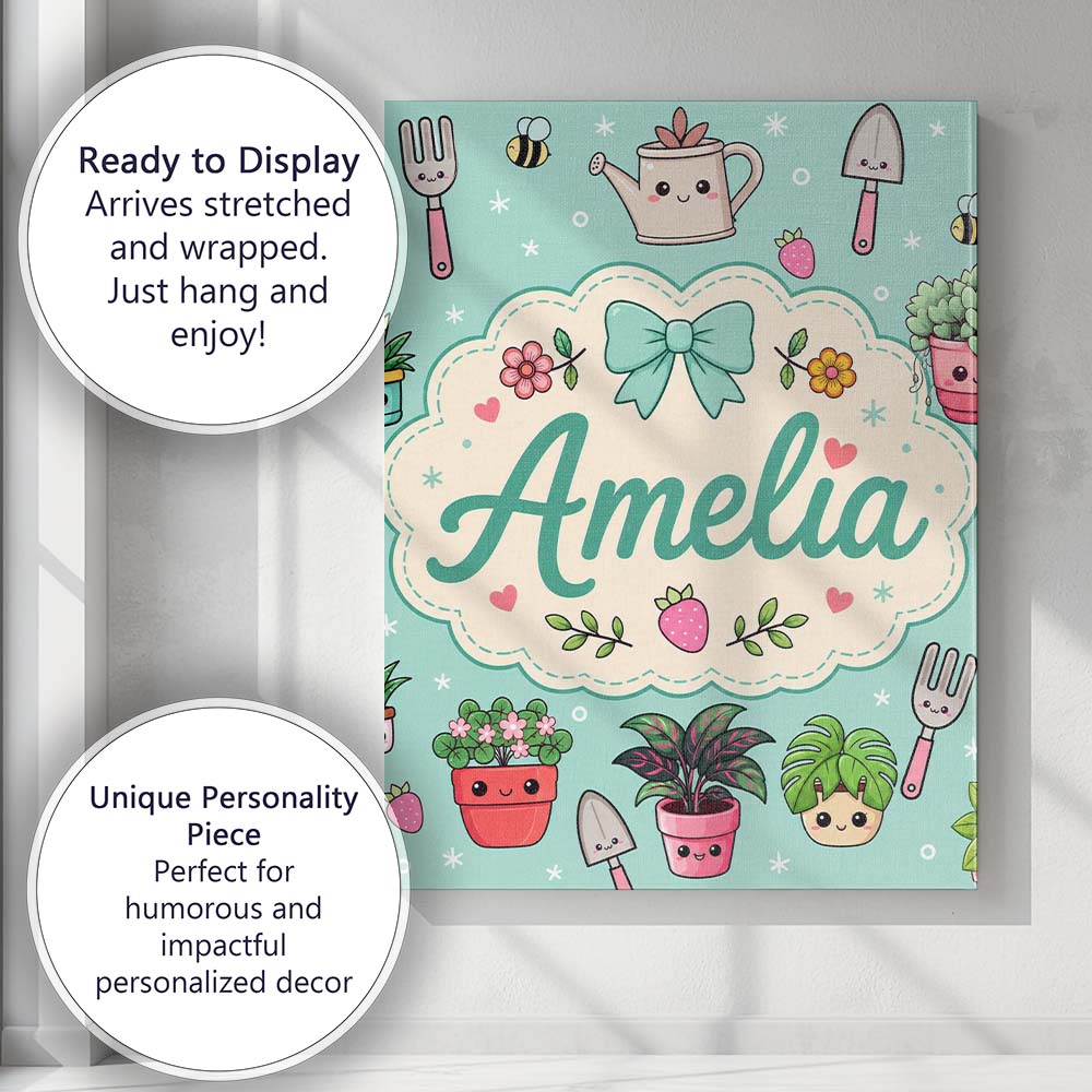 Personalised Name Cute Kawaii Garden Tools Custom  Unique Gift Idea Elegant Feature Canvas Wall Art Print Decor Picture Ready to Hang