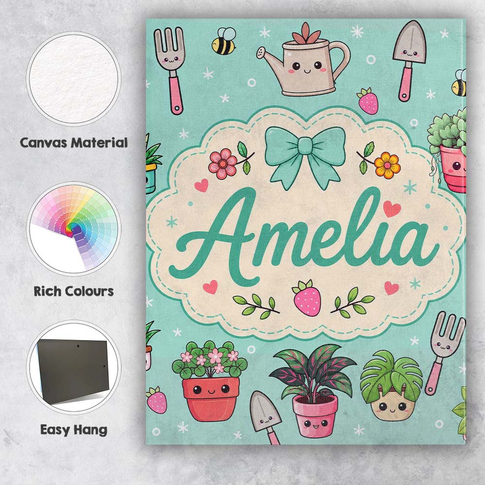 Personalised Name Cute Kawaii Garden Tools Custom  Unique Gift Idea Elegant Feature Canvas Wall Art Print Decor Picture Ready to Hang