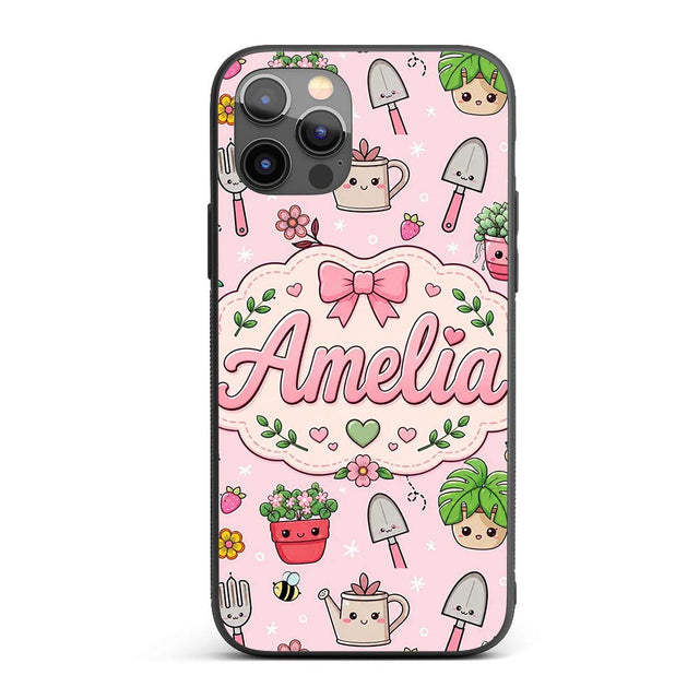 Cute Kawaii Garden Tools Plants Bees Seamless Custom Name Protective Phone Case Mobile Cover Durable Everyday Smartphone Shock Resistant