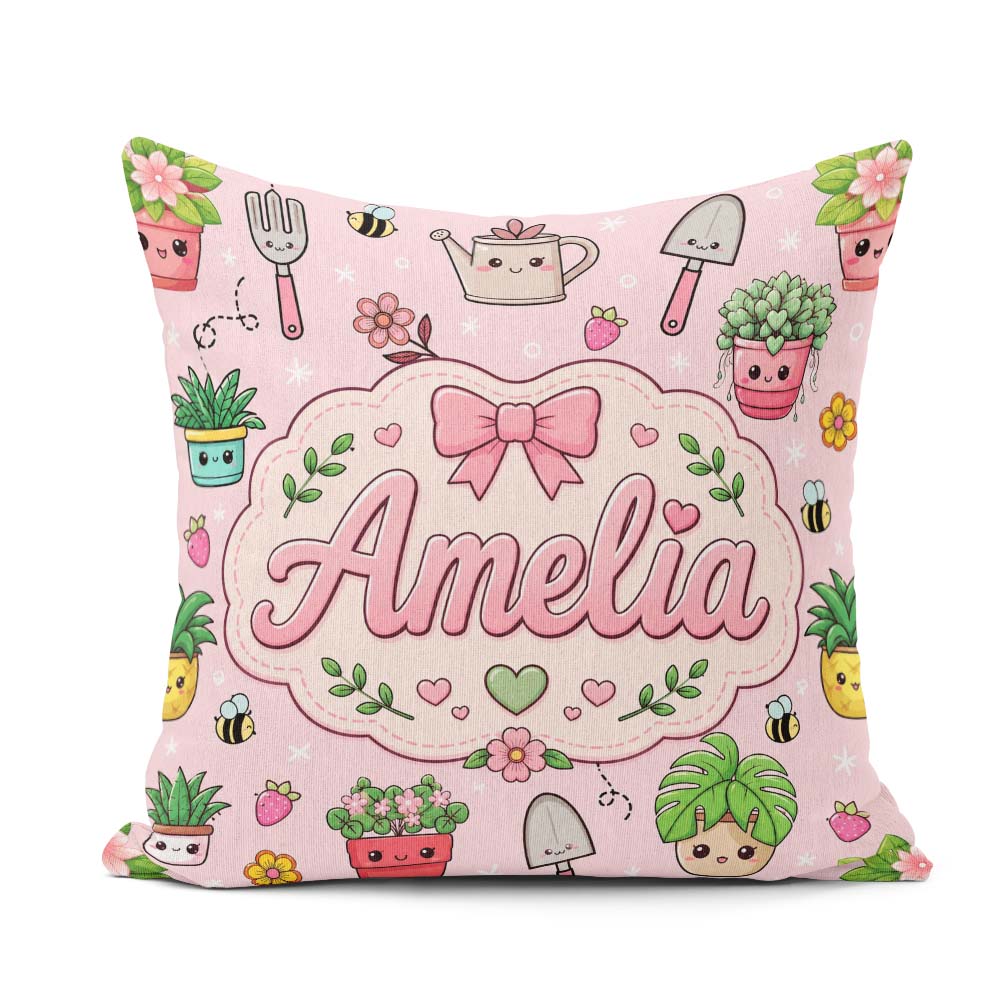 Custom Name Kawaii Garden Tools Plants Bees Seamless Pink Floral Square Filled Cushion Throw Pillow Sofa Bed Home Decor Zip Washable UK Made