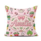 Custom Name Kawaii Garden Tools Plants Bees Seamless Pink Floral Square Filled Cushion Throw Pillow Sofa Bed Home Decor Zip Washable UK Made