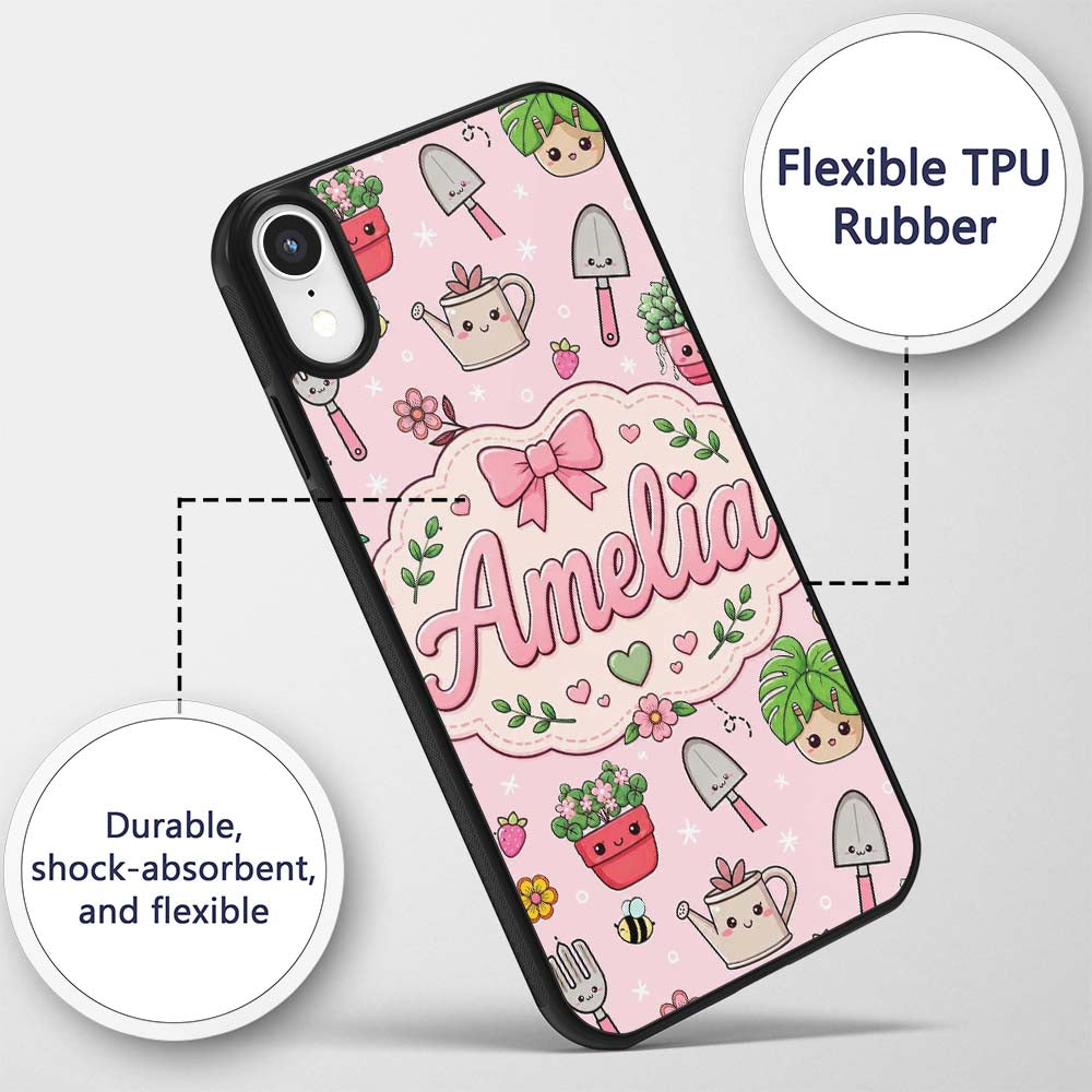 Cute Kawaii Garden Tools Plants Bees Seamless Custom Name Protective Phone Case Mobile Cover Durable Everyday Smartphone Shock Resistant