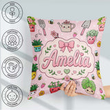 Custom Name Kawaii Garden Tools Plants Bees Seamless Pink Floral Square Filled Cushion Throw Pillow Sofa Bed Home Decor Zip Washable UK Made
