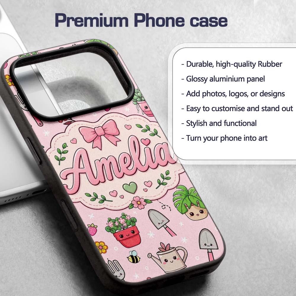 Cute Kawaii Garden Tools Plants Bees Seamless Custom Name Protective Phone Case Mobile Cover Durable Everyday Smartphone Shock Resistant