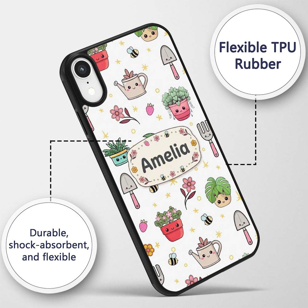 Cute Kawaii Garden Tools Plants Bees Seamless Custom Name Protective Phone Case Mobile Cover Durable Everyday Smartphone Shock Resistant