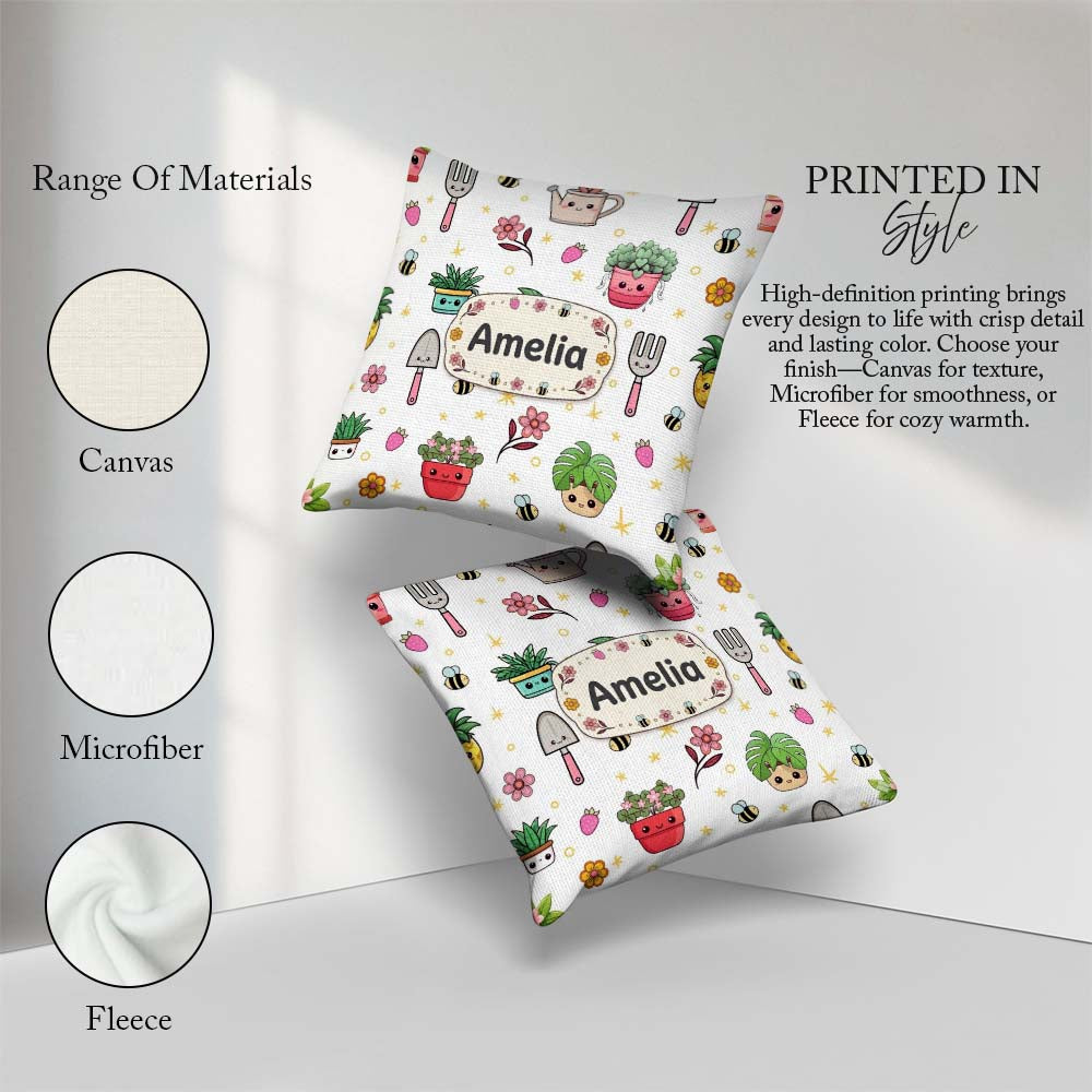 Custom Name Kawaii Garden Tools Plants Bees Pattern White Floral Square Filled Cushion Throw Pillow Sofa Bed Home Decor Zip Washable UK Made