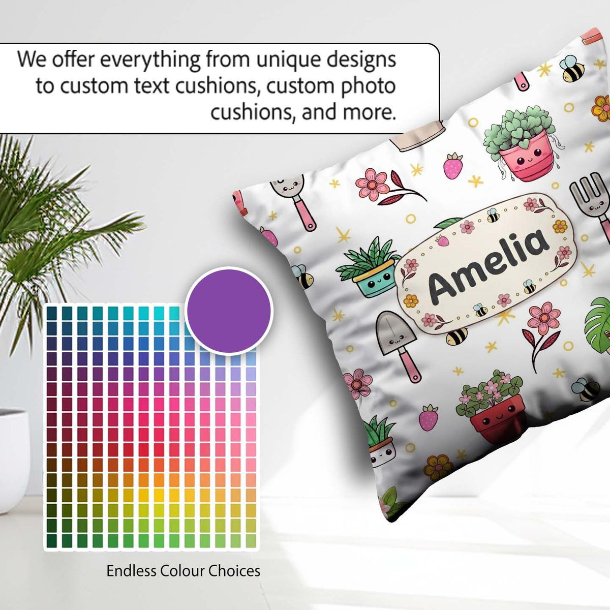 Custom Name Kawaii Garden Tools Plants Bees Pattern White Floral Square Filled Cushion Throw Pillow Sofa Bed Home Decor Zip Washable UK Made