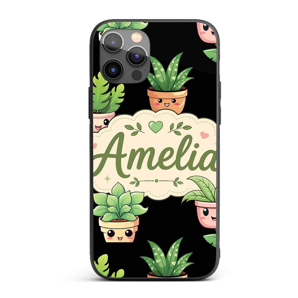 Cute Kawaii Cute Plant Pots Leaves Printed Design Custom Name Protective Phone Case Mobile Cover Durable Everyday Smartphone Shock Resistant