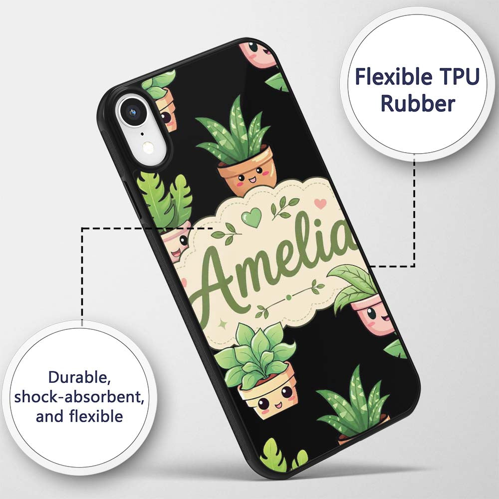 Cute Kawaii Cute Plant Pots Leaves Printed Design Custom Name Protective Phone Case Mobile Cover Durable Everyday Smartphone Shock Resistant