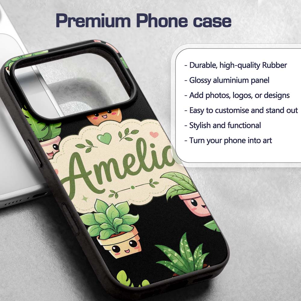 Cute Kawaii Cute Plant Pots Leaves Printed Design Custom Name Protective Phone Case Mobile Cover Durable Everyday Smartphone Shock Resistant