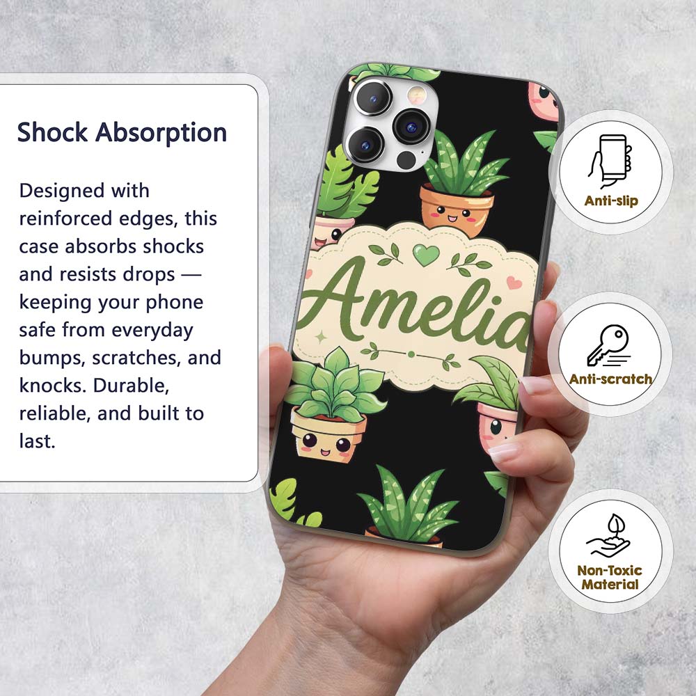 Cute Kawaii Cute Plant Pots Leaves Printed Design Custom Name Protective Phone Case Mobile Cover Durable Everyday Smartphone Shock Resistant