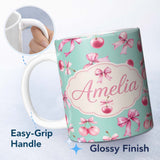 Personalized Custom Name Watercolor Pink Cherry Ribbon Bow Seamless Pattern Mint Green Lovely 11oz Ceramic Coffee Tea Mug White Large Handle