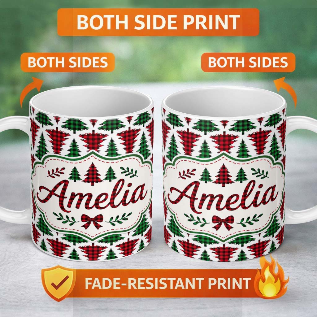 Personalized Custom Name Buffalo Plaid Christmas Tree in Red and Green Rustic Seamless 11oz Ceramic Coffee Tea Mug White Large Handle