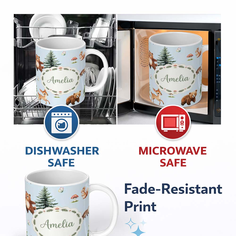 Personalized Custom Name Cute Woodland Forest Animals Bear Bunny Deer on Cream Background 11oz Ceramic Coffee Tea Mug White Large Handle