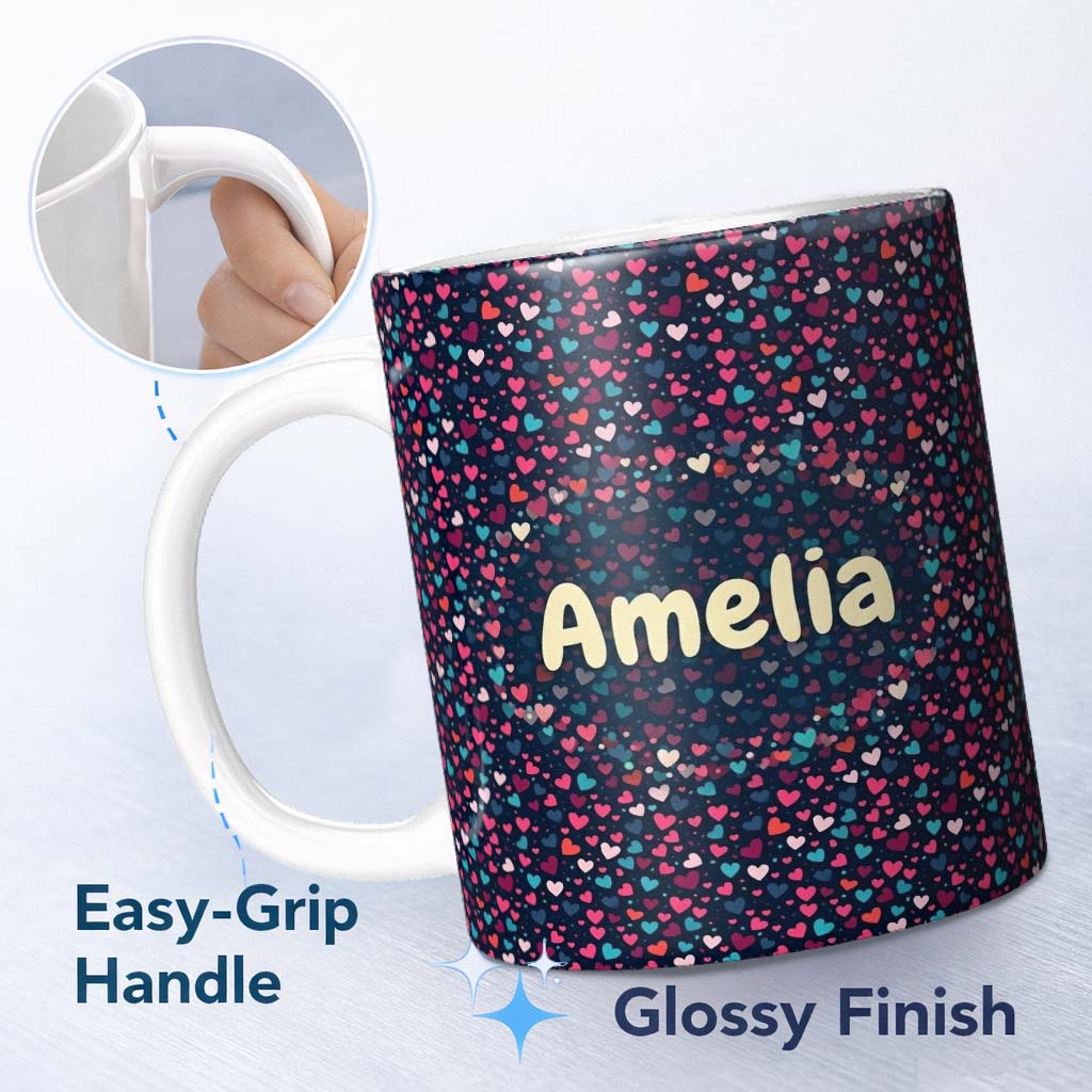 Personalized Custom Name Colourful Hearts on Navy Background Cute Love Seamless Pattern 11oz Ceramic Coffee Tea Mug White Large Handle