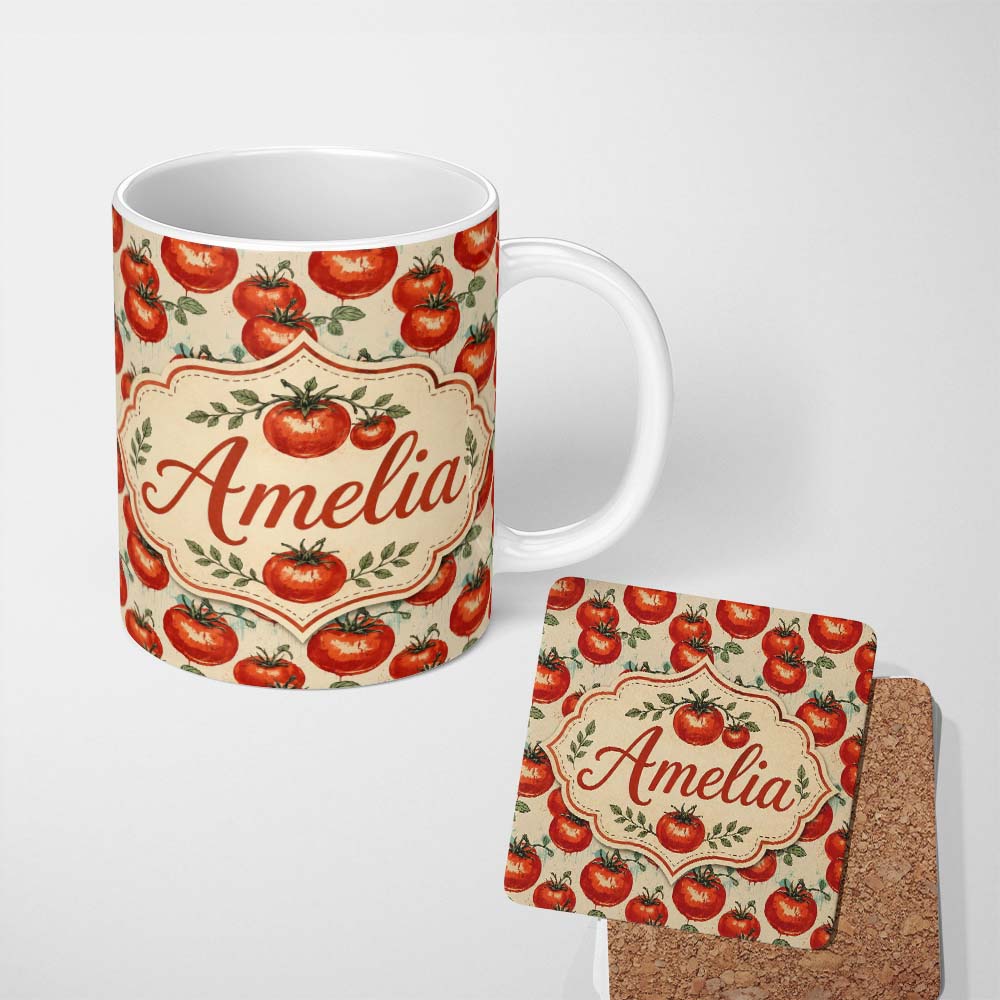 Personalized Custom Name Juicy Red Tomatoes with Vintage Drip Effect on Neutral Background 11oz Ceramic Coffee Tea Mug White Large Handle