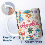Personalized Custom Name Cartoon Ocean with various sea Creatures on Soft Beige Background 11oz Ceramic Coffee Tea Mug White Large Handle