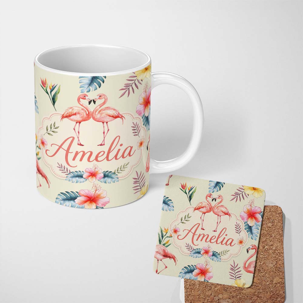 Personalized Custom Name Elegant Pink Flamingos Tropical Flowers on Beige Background Seamless 11oz Ceramic Coffee Tea Mug White Large Handle