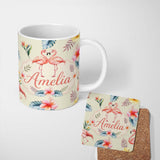Personalized Custom Name Elegant Pink Flamingos Tropical Flowers on Beige Background Seamless 11oz Ceramic Coffee Tea Mug White Large Handle