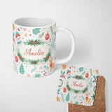 Personalized Custom Name Snowman Reindeer Wreath Winter Christmas Cute Seamless Pattern 11oz Ceramic Coffee Tea Mug White Large Handle