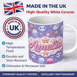 Personalized Custom Name Jellyfish Puffer Fish Starfish Pastel Ocean Creatures Lavender 11oz Ceramic Coffee Tea Mug White Large Handle