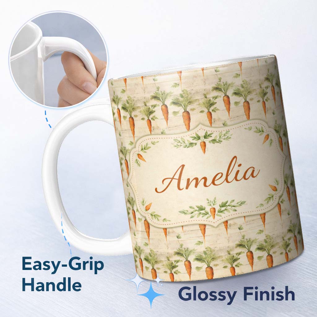 Personalized Custom Name Rustic Carrot Vegetable Botanical Vintage Seamless Pattern Lovely 11oz Ceramic Coffee Tea Mug White Large Handle