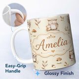 Personalized Custom Name Cute Woodland Owls Mushrooms and Leaves Warm Beige Background Lovely 11oz Ceramic Coffee Tea Mug White Large Handle