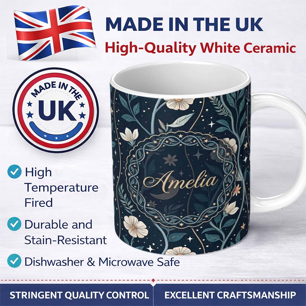 Personalized Custom Name Floral Moon Stars Night Sky Botanical Garden Seamless Pattern Lovely 11oz Ceramic Coffee Tea Mug White Large Handle