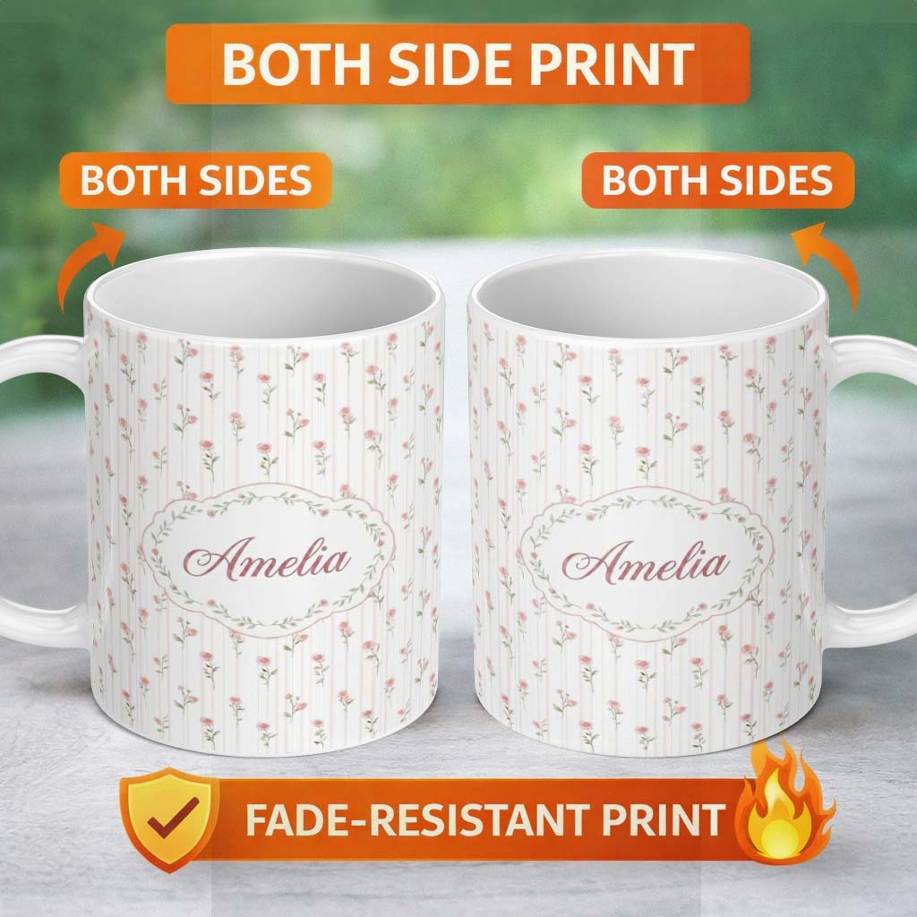 Personalized Custom Name Soft Pink Roses Vertical Stripe Vintage Floral Seamless Pattern 11oz Ceramic Coffee Tea Mug White Large Handle