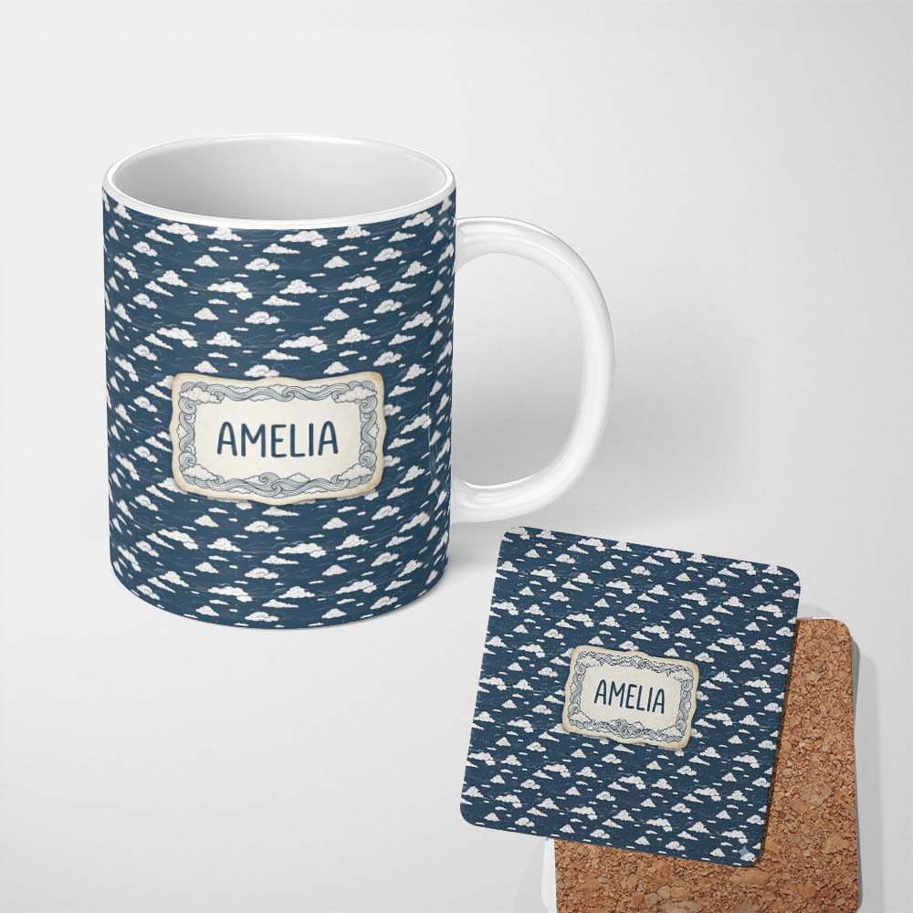 Personalized Custom Name Artistic Sketch Cloud Pattern Navy Background Hand Drawn Style 11oz Ceramic Coffee Tea Mug White Large Handle
