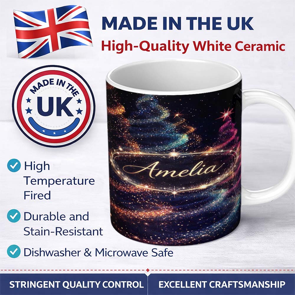 Personalized Custom Name Abstract Christmas Tree Lights Seamless Pattern Stylish Everyday Mug 11oz Ceramic Coffee Tea Mug White Large Handle