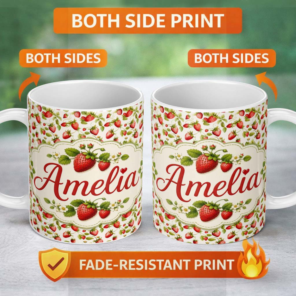 Personalized Custom Name Fresh Strawberries and Green Leaves on Light Background Seamless 11oz Ceramic Coffee Tea Mug White Large Handle