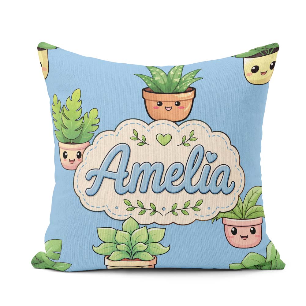Custom Name Cute Kawaii Plant Pots Leaves Seamless Pattern Blue Square Filled Cushion Throw Pillow Sofa Bed Home Decor Zip Washable UK Made