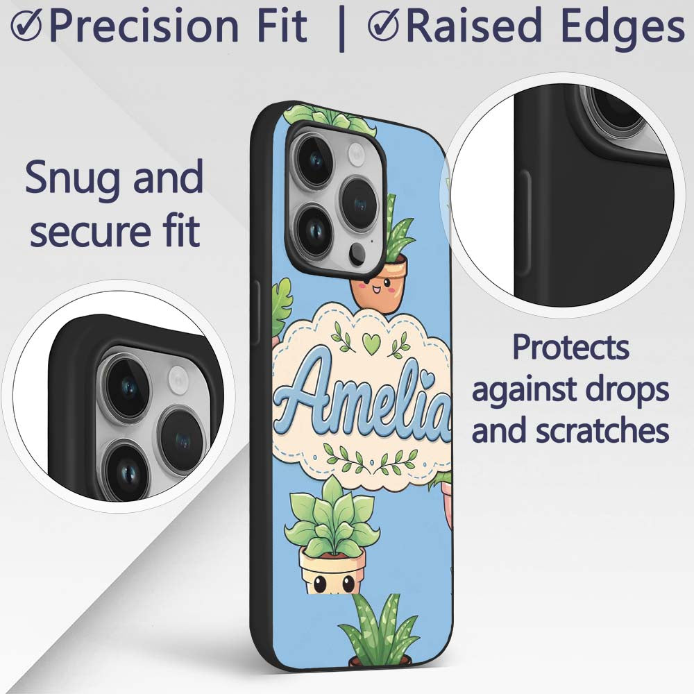 Cute Kawaii Cute Plant Pots Leaves Printed Design Custom Name Protective Phone Case Mobile Cover Durable Everyday Smartphone Shock Resistant