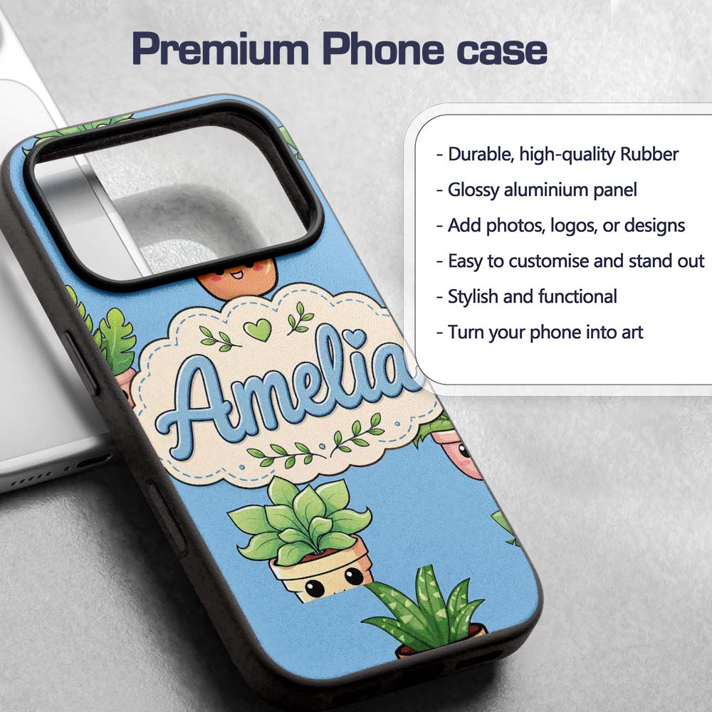 Cute Kawaii Cute Plant Pots Leaves Printed Design Custom Name Protective Phone Case Mobile Cover Durable Everyday Smartphone Shock Resistant