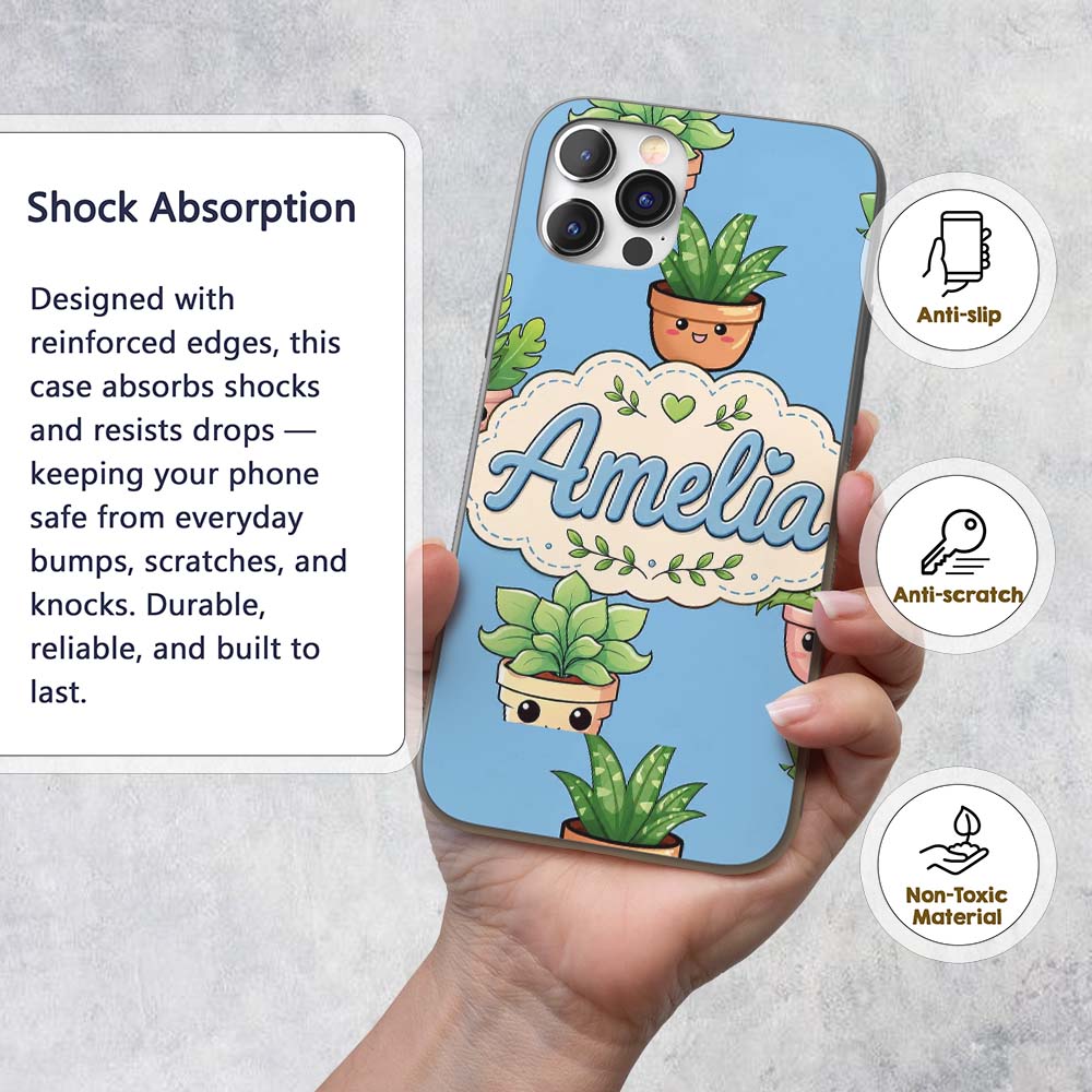 Cute Kawaii Cute Plant Pots Leaves Printed Design Custom Name Protective Phone Case Mobile Cover Durable Everyday Smartphone Shock Resistant