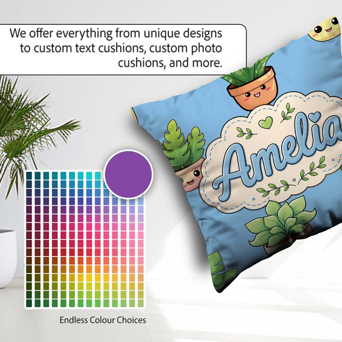 Custom Name Cute Kawaii Plant Pots Leaves Seamless Pattern Blue Square Filled Cushion Throw Pillow Sofa Bed Home Decor Zip Washable UK Made