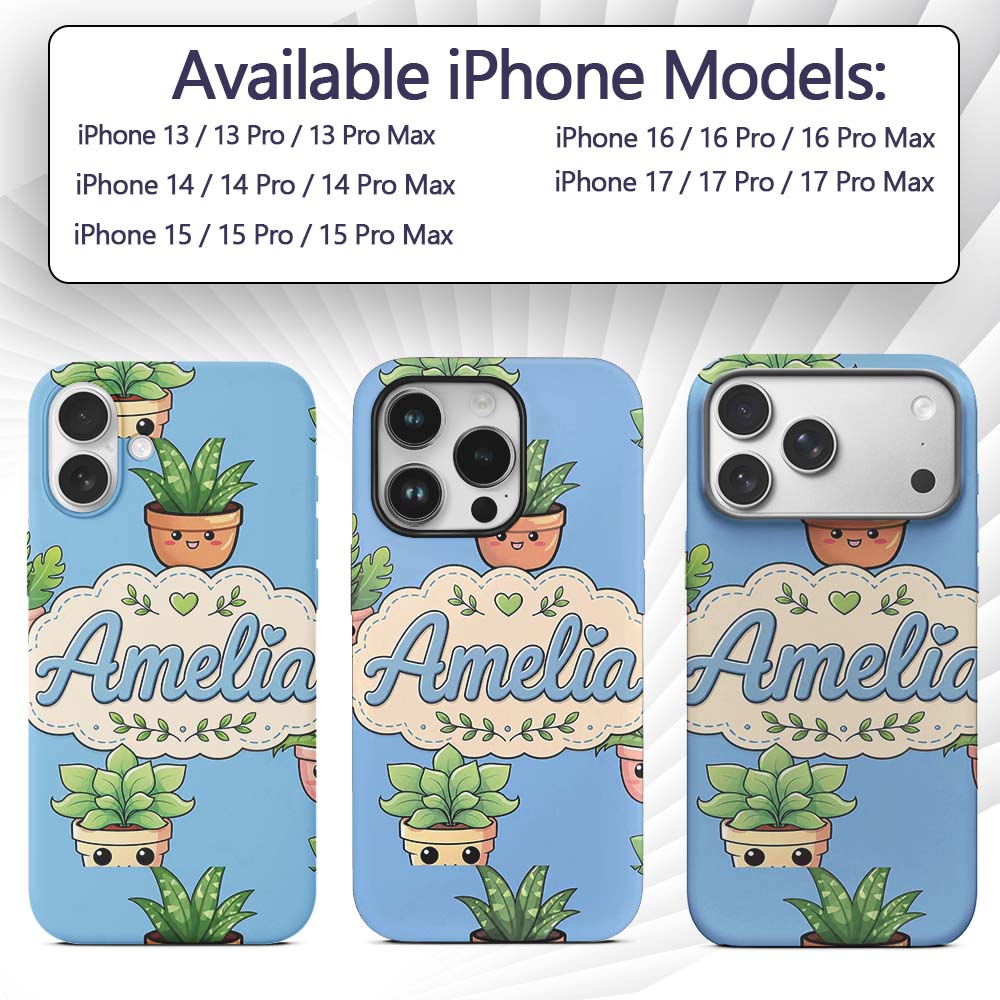 Cute Kawaii Cute Plant Pots Leaves Printed Design Custom Name Protective Phone Case Mobile Cover Durable Everyday Smartphone Shock Resistant