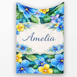 Blue and Yellow Floral Watercolor Garden Seamless Pattern Lovely  Personalised Custom Name Super Soft Fleece Blanket Bed Sofa Throw