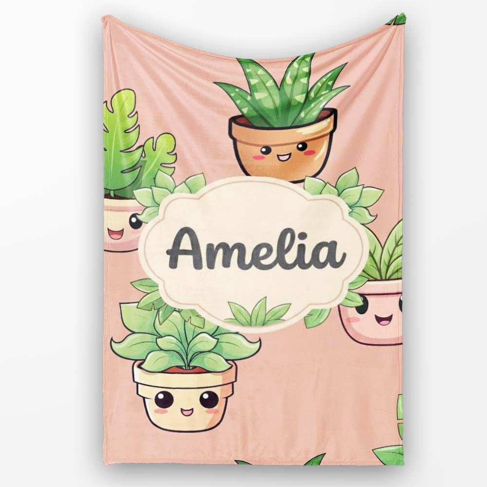 Cute Kawaii Smiling Plant Pots Leaves Seamless Pattern Beige Lovely  Personalised Custom Name Super Soft Fleece Blanket Bed Sofa Throw