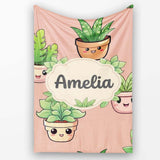 Cute Kawaii Smiling Plant Pots Leaves Seamless Pattern Beige Lovely  Personalised Custom Name Super Soft Fleece Blanket Bed Sofa Throw