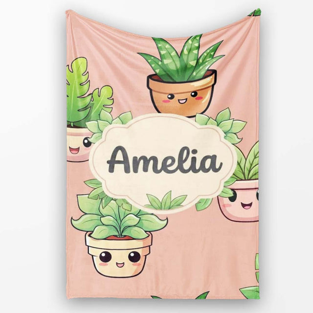 Cute Kawaii Smiling Plant Pots Leaves Seamless Pattern Beige Lovely  Personalised Custom Name Super Soft Fleece Blanket Bed Sofa Throw