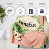 Cute Kawaii Smiling Plant Pots Leaves Seamless Pattern Beige Lovely  Personalised Custom Name Super Soft Fleece Blanket Bed Sofa Throw