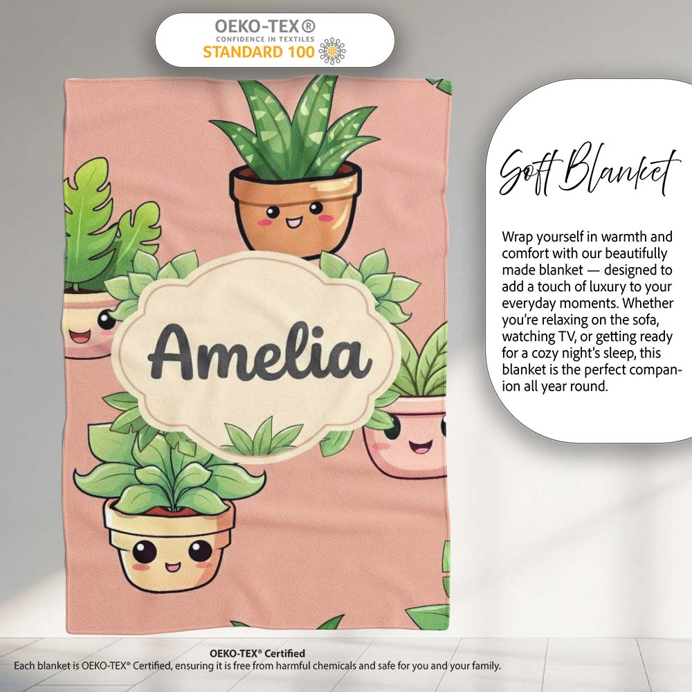 Cute Kawaii Smiling Plant Pots Leaves Seamless Pattern Beige Lovely  Personalised Custom Name Super Soft Fleece Blanket Bed Sofa Throw