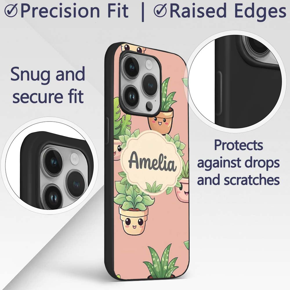 Cute Kawaii Smiling Plant Pots Leaves Seamless Custom Name Protective Phone Case Mobile Cover Durable Everyday Smartphone Shock Resistant